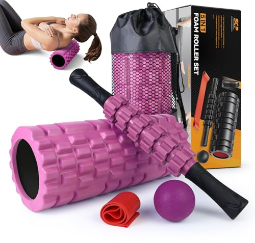 5 in 1 Foam Roller Set für Tiefengewebe Muskel Massage, Hochdichte Fitness Übung Foam Roller Massageroller Massageball Widerstandsband für den ganzen Körper (Rosa-Schwarz)