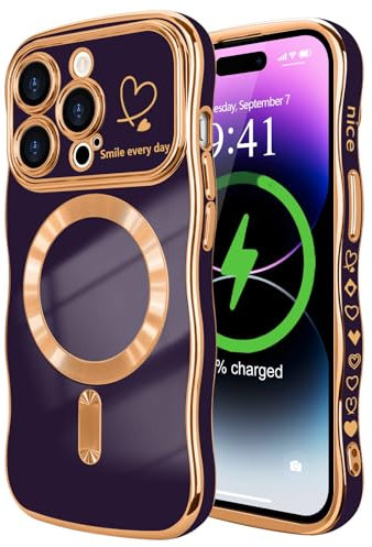LCHULLE for iPhone 14 Pro Max Case for Women Girls [Compatible with MagSafe] Cute Curly Wave Shape, Magnetic Love Heart Pattern with Camera Lens Cover Luxury Plating Shockproof Phone Case,Dark Purple