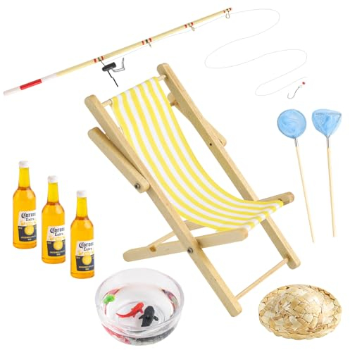 Miniatur Angelrute Set, 9 Stück Miniatur Wichtel Zubehör, Angelstuhl Fischernetz Strohhut Fischschale mit Fischer Angeln Cake Topper, Miniatur Puppenhaus Set, Garten Deko Accessoires (A)