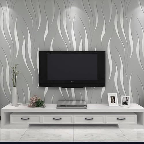 Anttyscar 3D Embossed Grey Wallpaper for Livingroom Bedroom Non-Woven Wave Stripes Roll Silver Glitter Wallpaper Feature Stripe Modern Geometric Patterned
