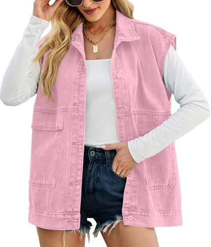 shownicer Giubbotto Jeans Casual Giubbotto in Denim Cappotto Corto a Maniche Lunghe Gilet Corto in Denim Senza Maniche Giacca di Jeans A Rosa M