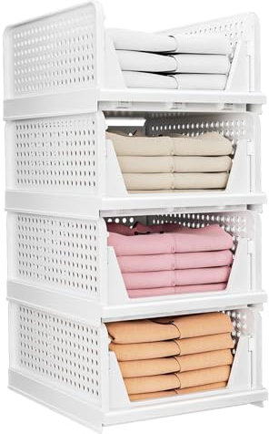 Warmiehomy Set of 4 Wardrobe Storage Organiser Shelves Stackable Drawer Closet Organisers Storage Boxes for Wardrobe for Cabinet Pantry Laundry Living Room, White