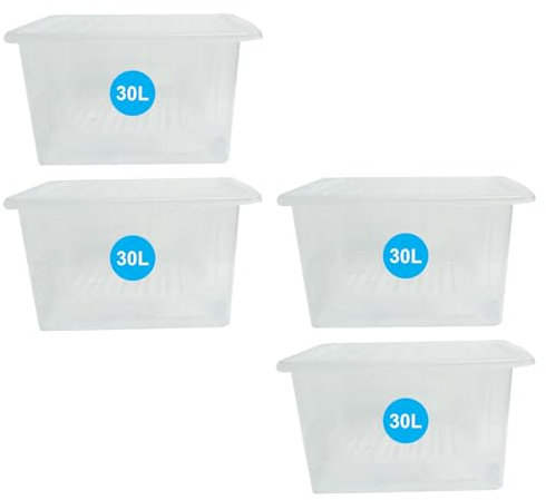 RelianceUK Plastic Storage Boxes With Lids(30 Litre / 4 Pack)| Clear Plastic Container With Lids for Clothes Shelves Shoes Crafts | 30L Stackable Multipurpose Storage Tubs for Home Office Kitchen