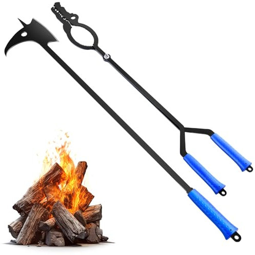 NAYAHOSE Serviteur de cheminée - 110 cm - 2 pièces - Avec pince et tisonnier en acier inoxydable - Avec ciseaux - Forme dentelée