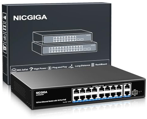 NICGIGA Switch Poe a 16 Porte Non gestito,Poe a 16 Porte 250W,2 Porte uplink Gigabit,1 Porta SFP,Switch di Rete Power Over Ethernet 19 Porte,modalità VLAN,AI Watchdog,Montaggio su Rack da 19 Pollici