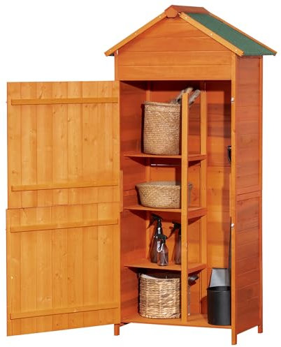 Outsunny Casetta da Giardino 0.3㎡ in Legno di Abete con 2 Ante, Armadio da Esterno Porta Attrezzi con Tetto Antipioggia e 3 Ripiani, 84x52x188cm, Arancione