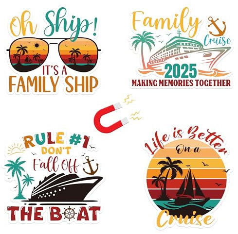 JAPBOR Cruise Door Decorations Magnetic - 4PCS Retro Family Cruise Magnet, 2025 Family Theme Car Ship Refrigerator Magnets Decal, Navigation Tropical Fridge Magnetic Stickers for Carnival Party Decor