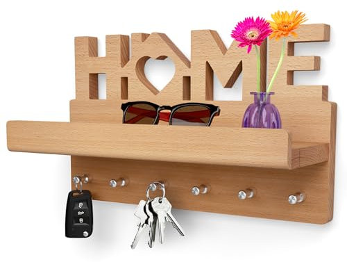 HEIMKÖNIG hochwertiges Schlüsselbrett mit Ablage aus Holz Buche - moderner Schlüsselhalter mit 6 Edelstahlhaken - Schlüsselablage als optimales Geschenk zum Einzug - inkl. Montagezubehör