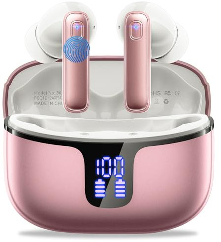 Renimer Ecouteurs Bluetooth sans Fil, Écouteurs Bluetooth 5.3 avec 4ENC Antibruit Mics, 40 Heures Oreillette HiFi Stéréo, IP7 Étanche Casque sans Fil, avec Écran LED/USB-C Rose Gold
