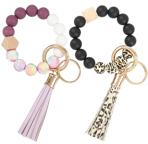 SUPECHUNYI 2 Stück Schlüsselanhänger Auto Damen Schlüsselanhänger Armband Perlen Band Makramee Schlüsselband Kurz Schlüsselbänder Keychain Geschenk für Mädchen Mama und Frauen (Lila&Schwarz)