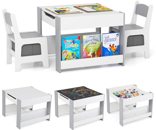 COSTWAY Kids Table and Chairs Set, Wooden Toddler Activity Tables with Reversible Tabletop, Bookshelves, Storage Bins, 3-Piece Children Furniture for Playing, Learning, Drawing (White + Gray)