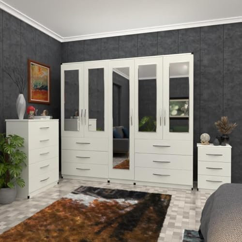 Ready Built 5-Door Bedroom Furniture Set, 192cm Mirrored Wardrobe, 72cm Chest of Drawers, 40cm Bedside Table, White