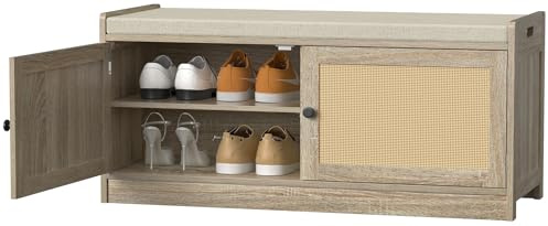 Skokliz Entryway Shoe Bench with Storage, Entryway Shoe Cabinet Bench with Padded Cushion & Adjustable Shelves, Boho Wooden Organizer Storage Bench for Hallway, Bedroom, Entrance