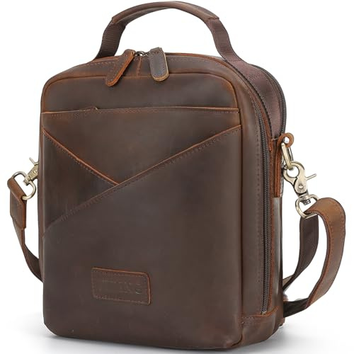 TIDING Genuine Leather Crossbody Shoulder Bag for Men Fits iPad 10.2 | Full Grain Small Messenger Bag Multiple Pockets, Line Design for Work Daily Weekend Outdoor Use, Brown