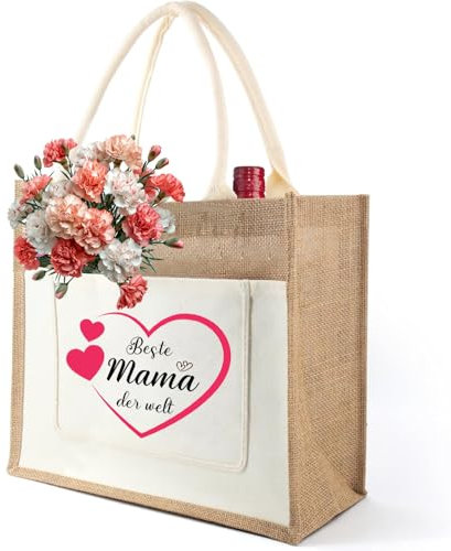 LOOBEAR Geschenke für Mama, Muttertagsgeschenk, Jute-Tasche Geburtstagsgeschenk für Mütter, Personalisiert Shopper Bag mit Herz Jute Einkaufstasche, Geschenk für Damen (35cm x 30cm x 14 cm)