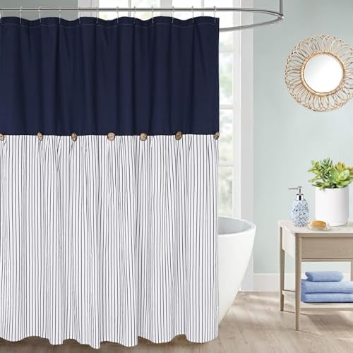 DOSLY IDÉES Farmhaus Rideau de douche à rayures bleu marine et bleu, rideau à boutons, lin et coton, tissu tissé, charme rustique, style maison de campagne, 180 x 180 cm