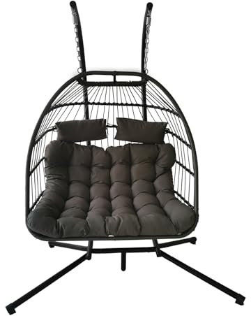 Swing Chairs, Egg Chair Double Seat Rattan Hanging with Cushion, Foldable Egg Chairs Outdoor Indoor, Garden Patio Hammock Chair with Stand & Adjustable Height, upto 240 Kg Weight Capacity (Grey)