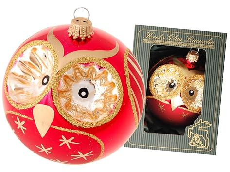 Krebs Glas Lauscha - Weihnachtsdekoration/Christbaumschmuck aus Glas - Weihnachtsbaumanhänger Eule - Motiv: Eulenkugel Rot/Gold - Größe: ca. 8 cm - Made in Germany