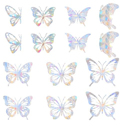 Butterfly Prism Window Stickers, 14Pcs Anti-Collision Rainbow Suncatcher Clings for Glass, 3D Butterfly Static Decals for Bird Strike Prevention, Reusable Non-Adhesive Window Film for Home Decor