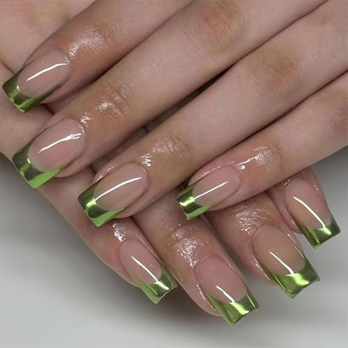 Press on Nails French Tip - 24Pcs Short Square False Nails - Semi-Transparent Fake Nails with Glue in 12 Sizes - Soft Gel Green Chrome French Nail Tips, Stick on nails for Women