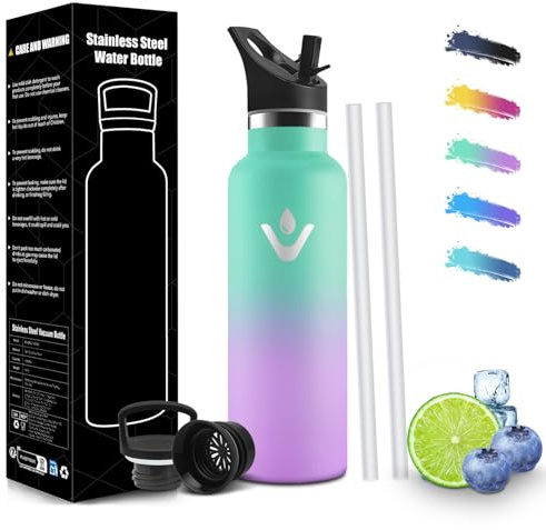 HoneyHolly Trinkflasche Edelstahl 500ML, BPA-Frei, Trinkflasche Kinder, Doppelwandig Vakuumisoliert, Wasserflasche, mit Strohhalm, 18/8 Edelstahl, Sportflasche für Schule, Reisen, Fitness