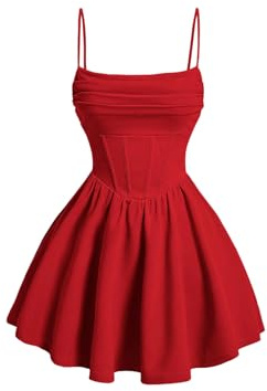 GORGLITTER Women's A Line Flowy Ruffle Mini Cocktail Dress Ruched Sleeveless Corset Dresses Red X-Large