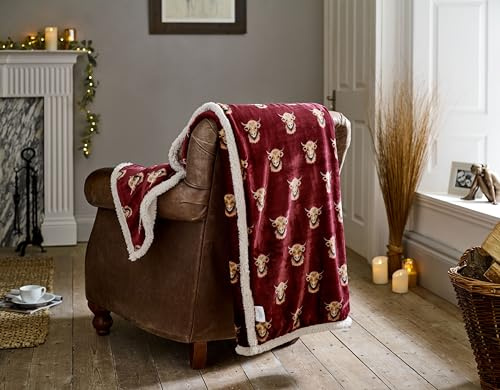 Deyongs Highland Cow Cuddly Sherpa Fleece Throw 140cm x 180cm Mulberry with Sherpa Reverse
