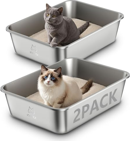 2er Set Edelstahl Katzenklo, Große Katzentoilette, XXL Katzentoilette Edelstahl Offen, Metall Katzenklo für Katzen Aller Größen & Kaninchen, Antihaftbeschichtet, Geruchsfrei (2 Stück, 50x35x15cm)