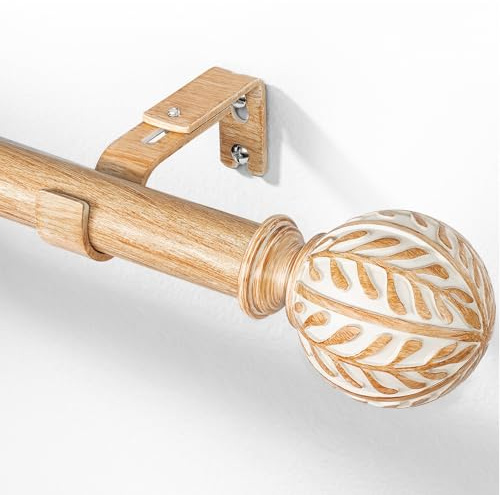 DEFYNEE Ausziehbare Gardinenstange in Holzoptik 76-305 cm | Ø 25 mm Metallkern in Holzoptik | Mit Blattmuster-Endstücken für Fenster & Türen, Braun