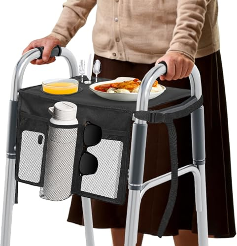 Folding Walker Tray with Multi Pocket, Trays for Walkers for Seniors, Trays for Rolling Folding Walkers, Walker Accessories with Nonslip Silicone Mat for Elderly(Black)