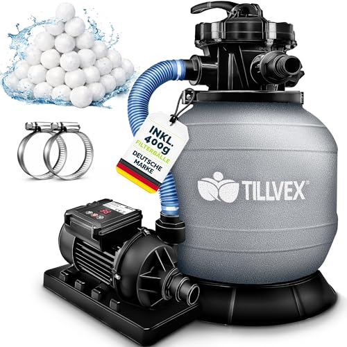 tillvex® Sandfilteranlage Pool mit Timer 7.900L/h + 400g Filterbälle | Filteranlage inkl. 7-Wege Ventil & 2in1 Adapter Ø32 - 38mm | Poolfilter mit Druckanzeige & Pumpe | Sandfilter Selbstansaugend