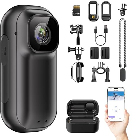 ONKELYIM 2026 4K 128GB WiFi Mini Body Camera with 1.5 Screen, Wearable Action Cam with Charging Case, Thumb-Sized POV Camera, Magnetic Lanyard, Sports Cam for Motorcycle Helmet, Vlogging, Cycling