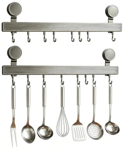 2Pcs Kitchen Hook Rack, 40cm Removable Suction Cup No Drilling Utensil Rack | Stainless Steel, 8 Movable Hooks Holder Hanger Rail for Spoon Spatula Cooking Accessories