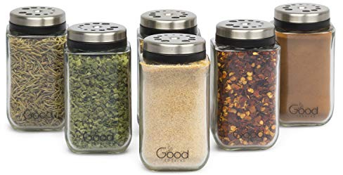 Adjustable Glass Spice Jars- Set of 6 Sleek Seasoning Shaker Rub Container Tins with 6 Pouring Sizes