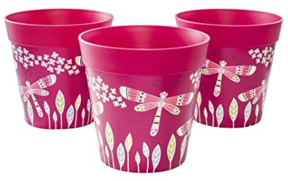 Hum Flowerpots, 15cm Set of 3, Various Patterns Colours and Sizes, Indoor/Outdoor Plastic Plant Pots, Pink Dragonflies
