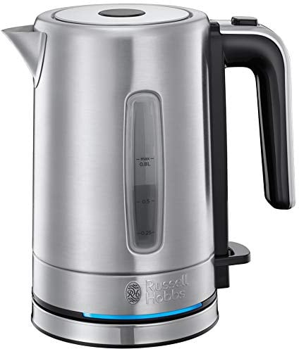 Russell Hobbs Hervidor de Agua Eléctrico Compact Home - 0,8 litros, Hervidor Pequeño, 2200 W, Diseño Compacto, Iluminación Azul, Filtro Extraíble, Base de 360°, Acero Inoxidable, Plata - 24190-70