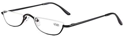 Lesebrille mit halbem Rahmen, Federscharniere für Männer und Frauen, schmal, Halbmondlinse, Lesebrille, Metall, halbrandlos, Brille (schwarz, +3,5)