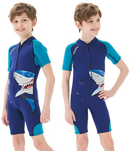 Goldfin Kids Wetsuits for Boys Girls, 2mm Toddler Shorty Wetsuit Youth Neoprene Suit Front Zip Keep Warm for Water Aerobics Diving Surfing Swimming