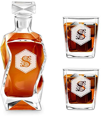 Maverton Set Decanter per Whisky in vetro - da 700 ml - incisione personalizzata - Caraffa con 2/4/ 6 bicchieri - idea regalo per il compleanno - per l’ uomo - Esagono floreale