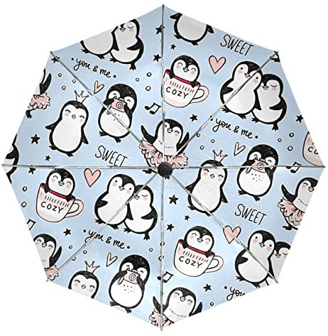 Süßes Pinguin-Liebestier Regenschirm Taschenschirm Automatische Reise Winddichte Sonnenschutz Trekkingschirm Wanderregenschirm für Frauen Männer