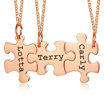 Personalised Best Friend Necklace - Customised Stainless Steel Puzzle Name BFF Necklace for 3, Rose Gold Jigsaw Matching Necklaces for Women Girls, Friendship Necklaces Gifts for Birthday Christmas