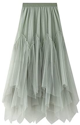 SotRong Tüllrock Grün Damen Karneval Asymmetrisch Midirock Elastisch Hohe Taille Stufendecke Mesh Ballett Hochzeit Party Abschlussball A-Linie Plissee Wadenrock