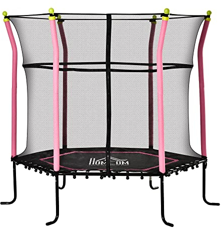 HOMCOM Kinder Trampolin Ø163,5 cm, Indoor Trampolin mit Sicherheitsnetz Randabdeckung Gummiseil, Kindertrampolin bis 50 kg, für Kinder 3-10 Jahre Rosa