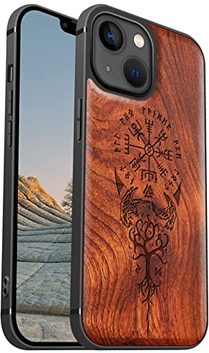 Carveit Magnetisch Hülle für iPhone 13 mini [Elegante Rosenholz] [Weich TPU Stoßstange] Stoßfeste Handyhülle Kompatibel mit 13mini Magsafe Hülle Holz （Wikingerkompass Vegvisir）