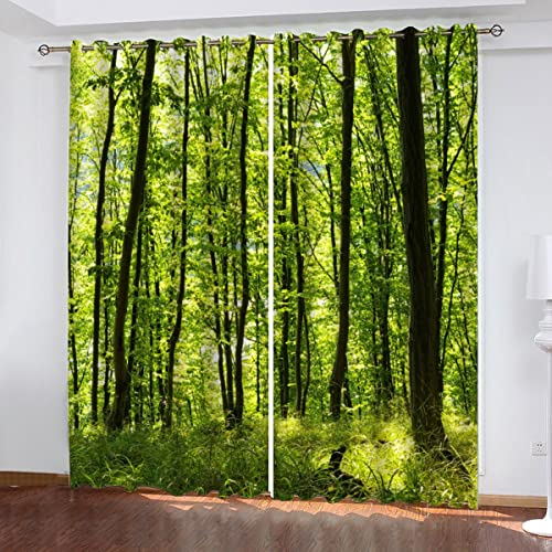 Woowin Verdunklungsvorhänge Wald Gardinen mit Ösen Vorhänge Blickdicht Grüner Dschungel 3D Polyester Thermo Vorhang 2 Stücke kinderzimmer Gardinen für Junge Mädchen Schlafzimmer Dekoration 110X95cm