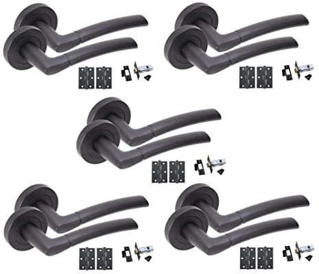 Golden Grace Indiana Lever Latch Door Handles, Matt Black Finish, 5 Pairs | Supplied complete with matching ball bearing hinges, 64mm tubular latches, spindle, and screws for quick installation.