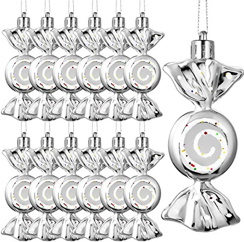 Threan 12 Pcs Christmas Candy Ornaments Hanging Glitter Candy Cane Decoration xmas Tree Peppermint Ornament with Golden Rope for Xmas Halloween Decoration(Silver,Plastic)