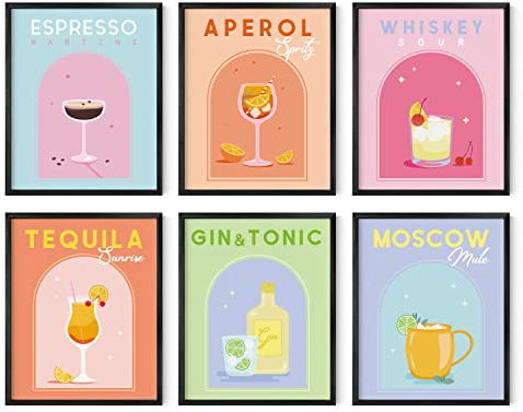 HAUS AND HUES Dänisches Pastell-Poster Set - 6 Ästhetische Cocktail-Bilder für die Wand, Flippige Schlafsaal-Dekoration für College-Mädchen, Bunte Bar-Wandkunst (20,3