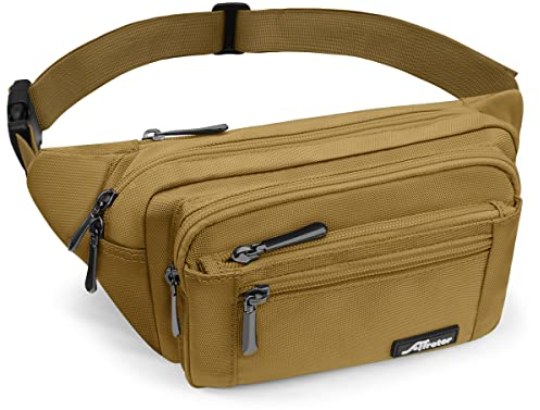 HNOOM Bauchtasche mit Regenhülle Gürteltasche Hüfttasche für Herren und Damen Groß Nylon Fanny Pack mit 5 Reißverschlusstaschen für Outdoor Reisen Sport Wandern Joggen Hundespaziergänge (Khaki)
