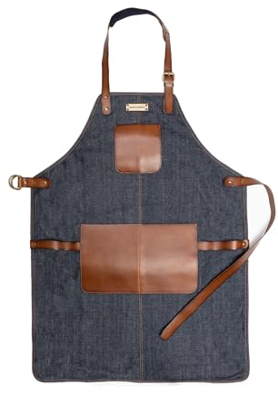 DRAKENSBERG 'Bob' Denim Leder Grillschürze für Männer, Herren Kochschürze, BBQ, hochwertig handgemacht, Jeans-Blau, Braun, DR00283
